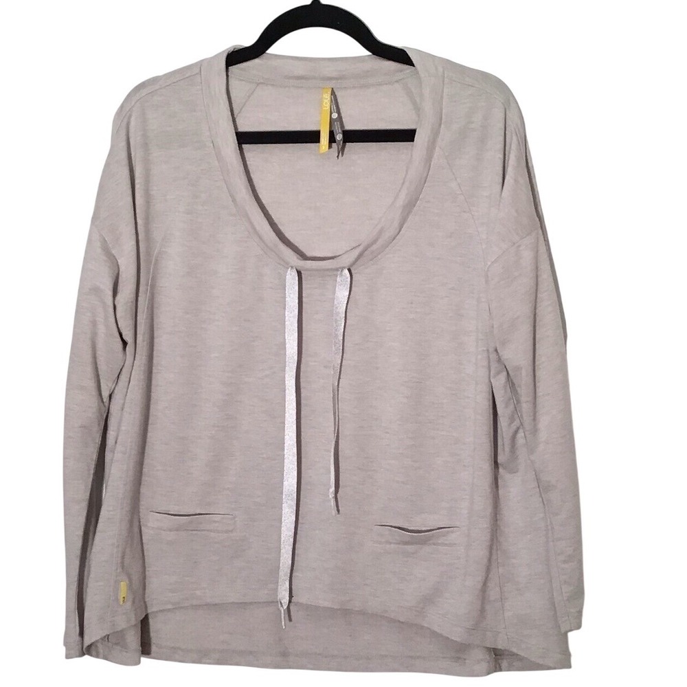Lole Womens Small Gray Tunic Top Draped Tie Neck Pockets Stretch Athleisure